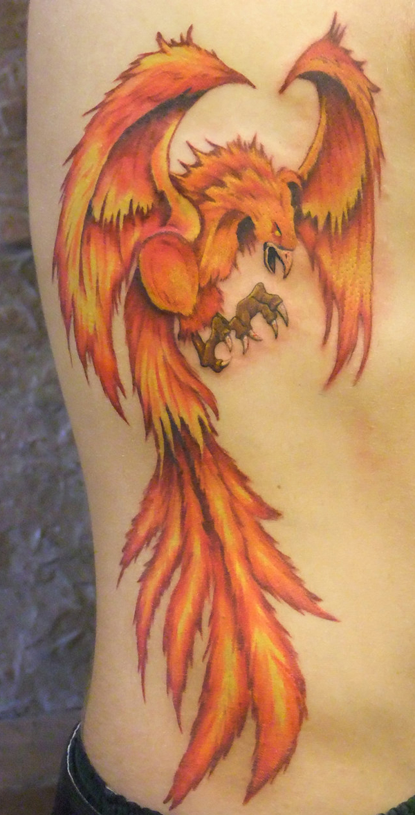 Awesome Side Rib Flying Phoenix Tattoo
