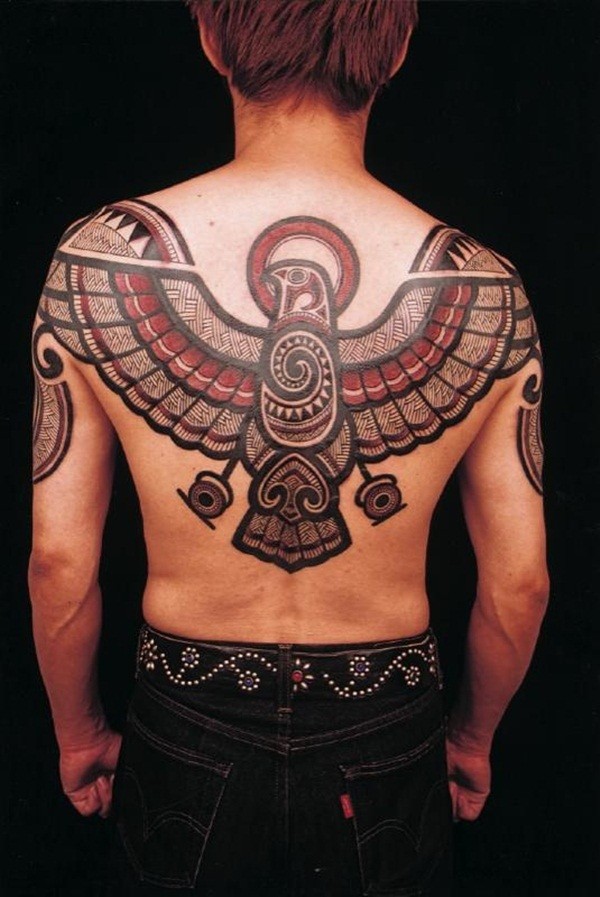 Aztec Eagle Tattoo On Man Upper Back