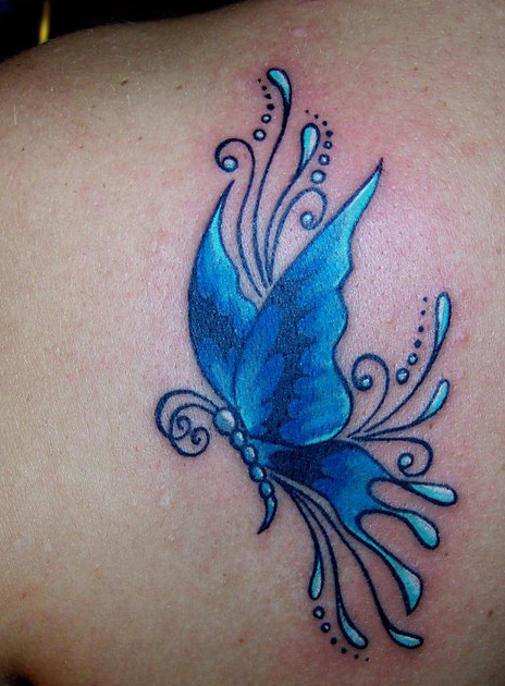 Beautiful Blue Silhouette Butterfly tattoo On back Shoulder