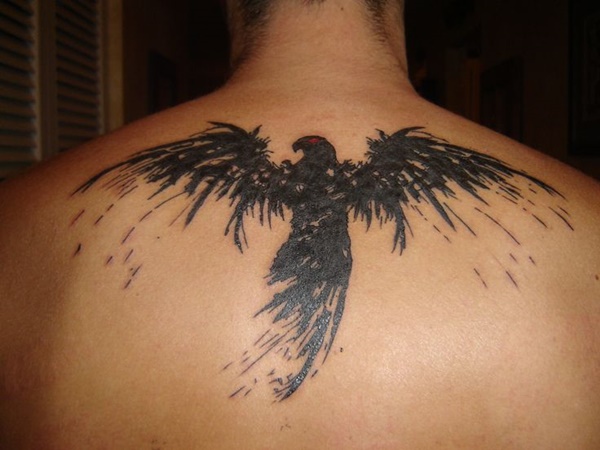 Black Abstract Eagle Tattoo On Upper Back