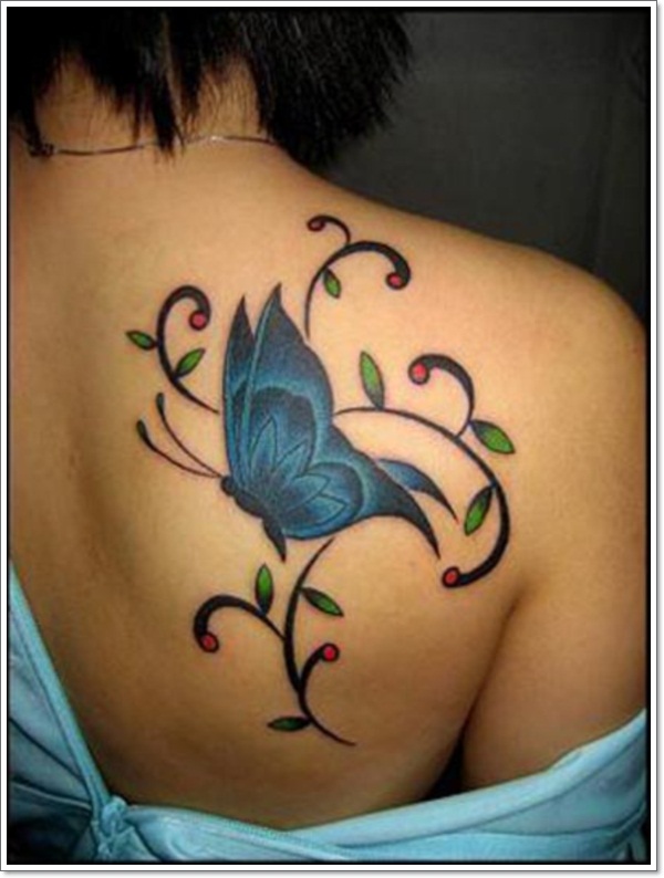 Black And Blue Flying Butterfly Tattoo On Right Back Shoulder
