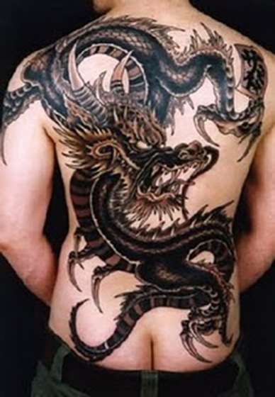Black And Brown Ink Dragon Tattoo On Full Back
