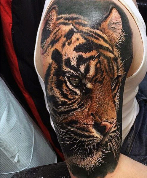 Black And Brown Ink Tiger Head Tattoo On Right Half Sleeve