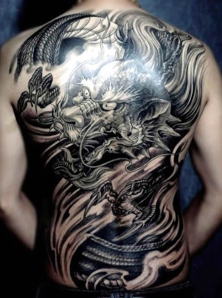 Black And Grey Ink Dragon Tattoos On Back Body