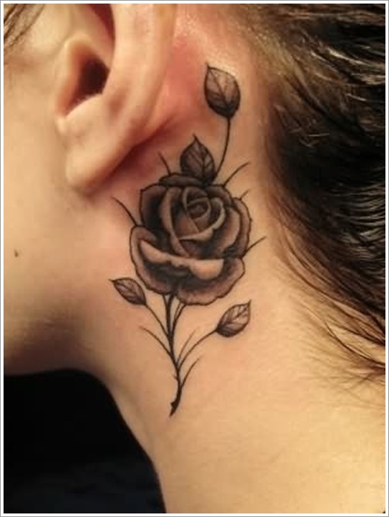 Black And Grey Rose Tattoo On Side Neck For Girls