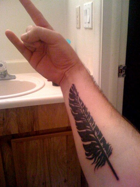 Black Eagle Feather Tattoo On Right Forearm