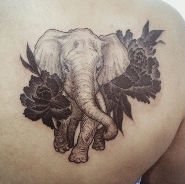 Black Hibiscus Flowers And Elephant Tattoo On Right Back Shoulder