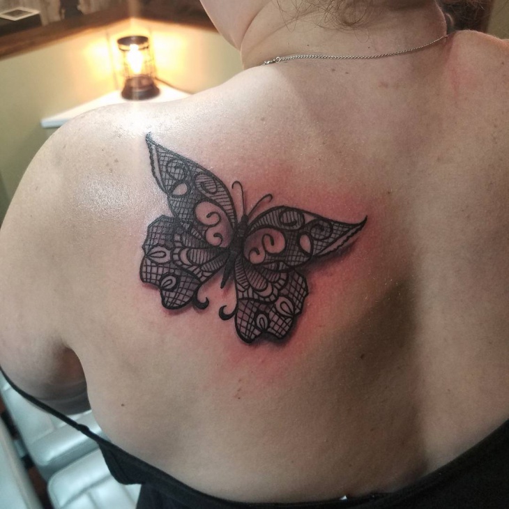 Black Lace Butterfly Tattoo On Left Back Shoulder