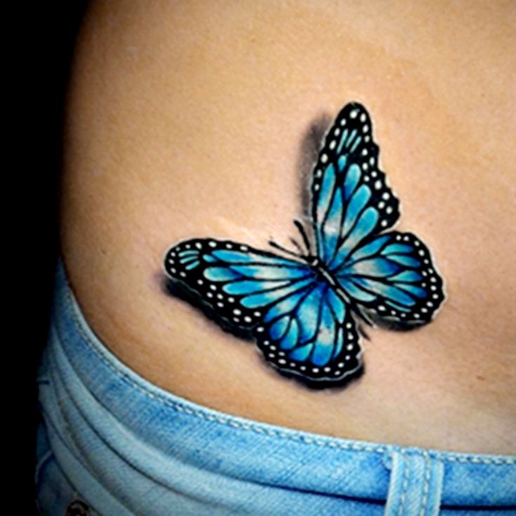 Black Outline Blue Butterfly Tattoo On Hip