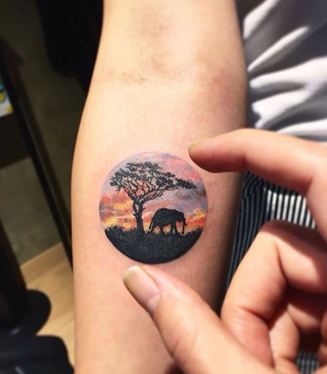 Black Silhouette Small Elephant In Evening Tattoo On Forearm