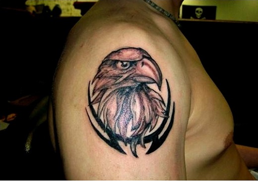 Black Tribal And Eagle Head Tattoo On Shoulder