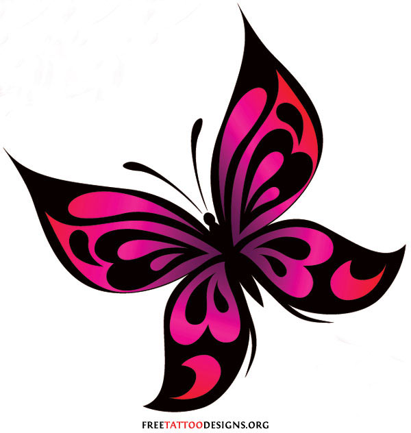 Black Tribal And Pink Butterfly Wings Tattoo Design