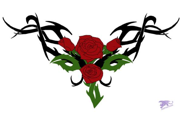 Black Tribal And Red Rose Flowers Tattoo Design