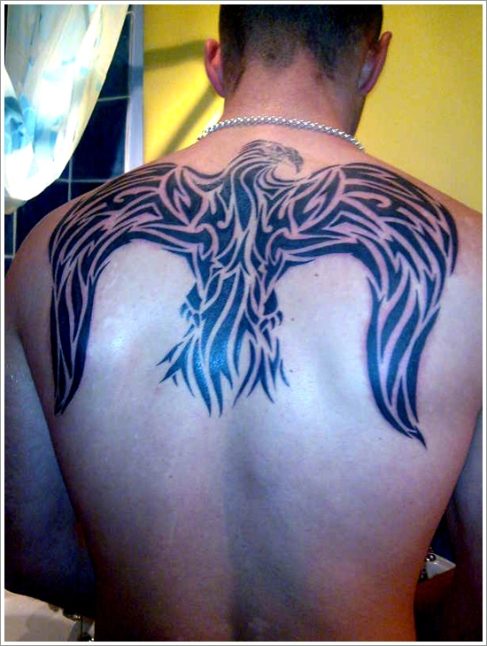 Black Tribal Eagle Tattoo On Upper Back