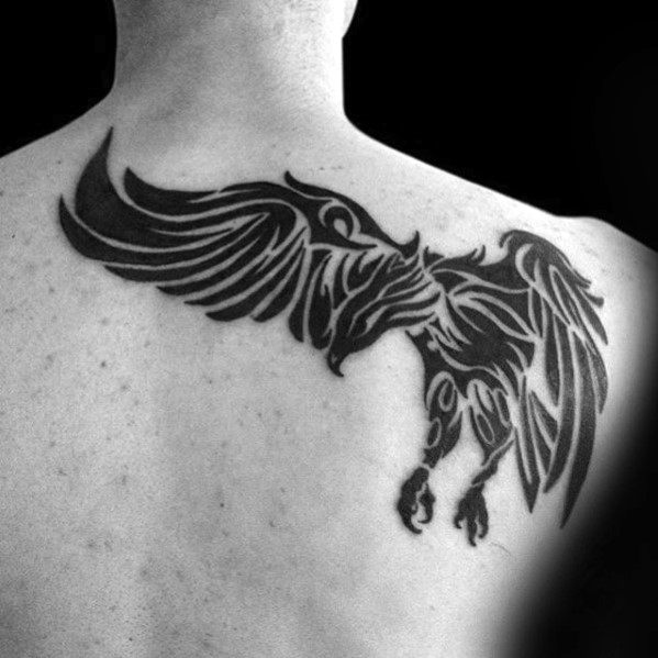 Black Tribal Flying eagle Tattoo On Back Shoulder