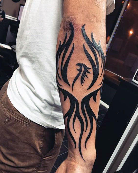 Black Tribal Phoenix Tattoo On Right Arm Sleeve