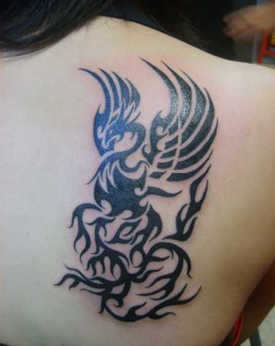 Black Tribal Phoenix Throwing Flame From Mouth Tattoo On Right Back Shoulder