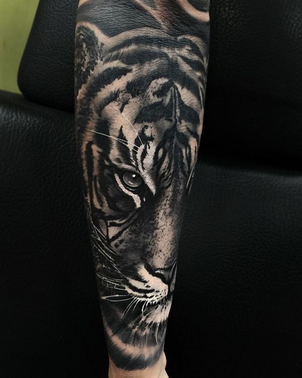 Black and Grey Tiger Face Tattoo On Arm Sleeve