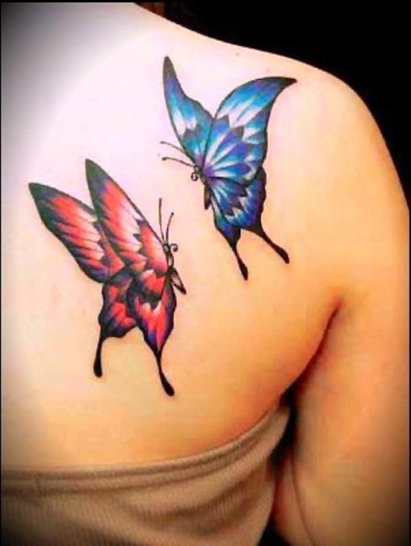 Blue And Red Flying Butterflies Tattoos On Back Shoulder