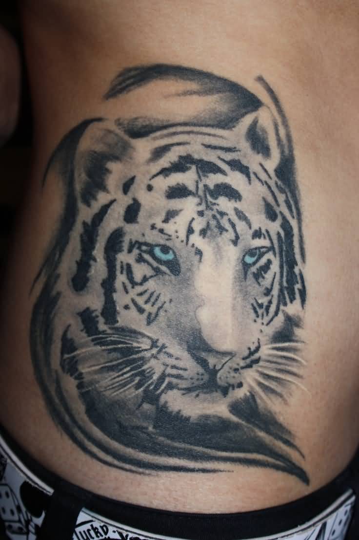 Blue Eyes White Tiger Head Tattoo On Rib Side
