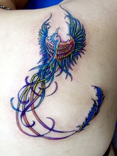 Blue Ink Flying Phoenix Tattoo On Back Shoulder