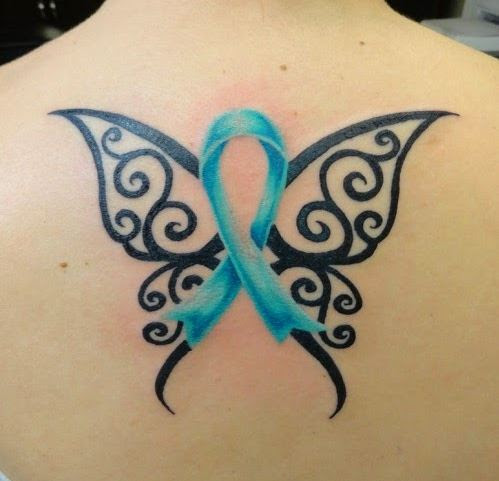 Blue Ribbon And Tribal Butterfly tattoo On Upper Back