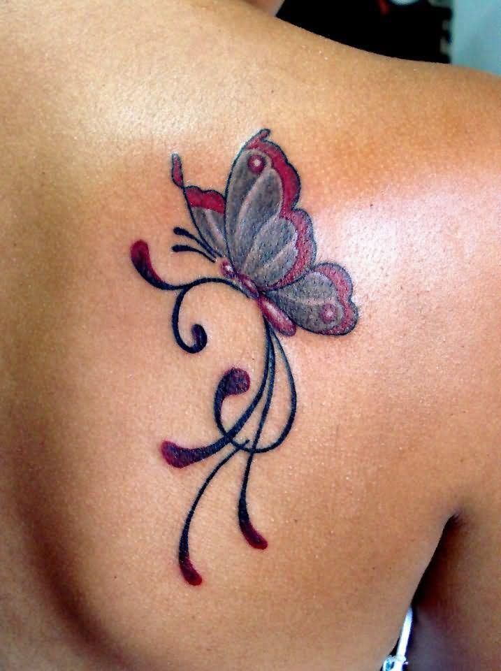 Butterfly With Open Wings Tattoo On Back Shoulder