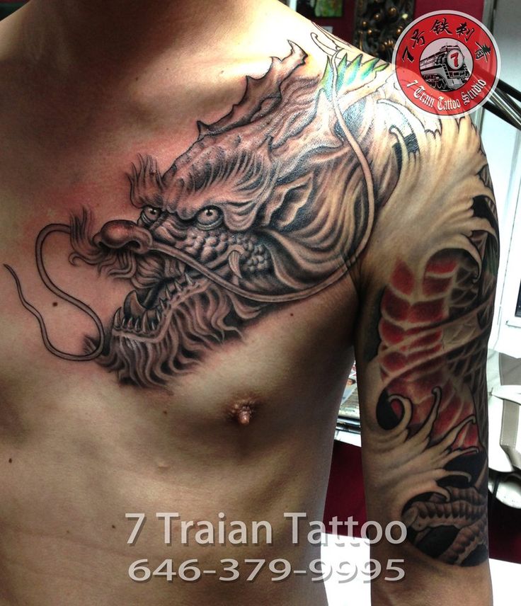 Chinese Dragon Tattoo On Man Front Shoulder