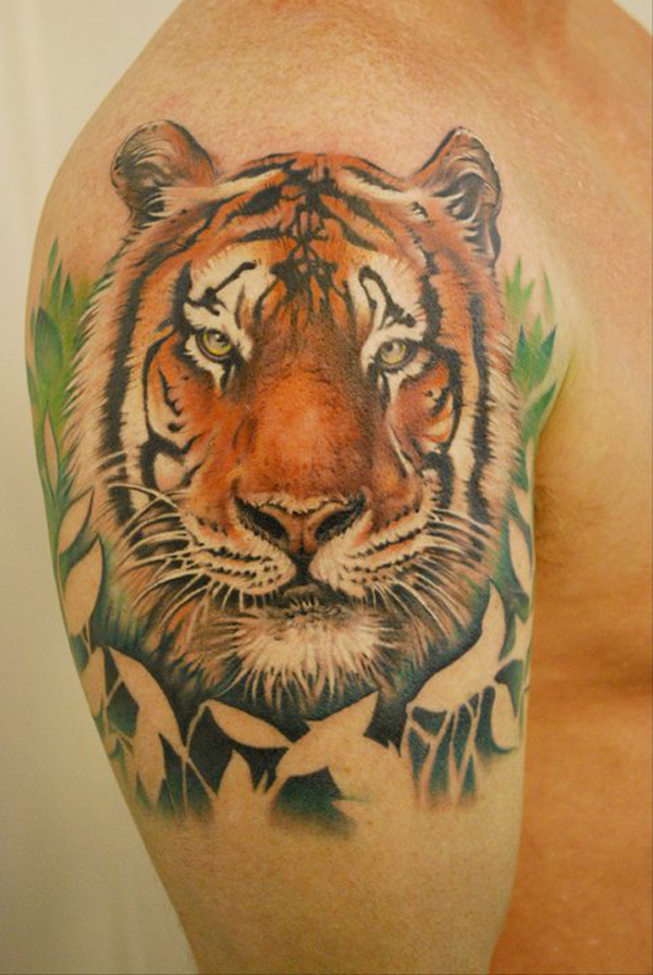 Color Tiger Head Tattoo On Man Right Shoulder