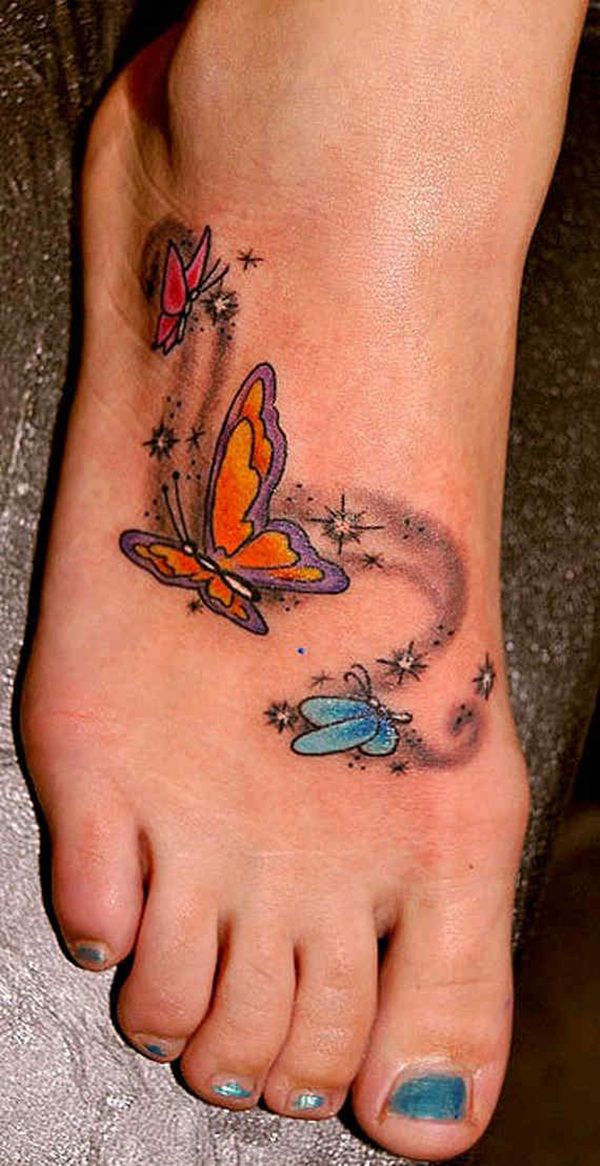 Colored Butterflies Tattoos On Right Foot