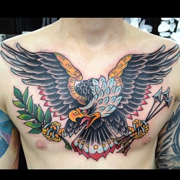 Colored Eagle With Arrows on Claws Tattoo On Man Chest