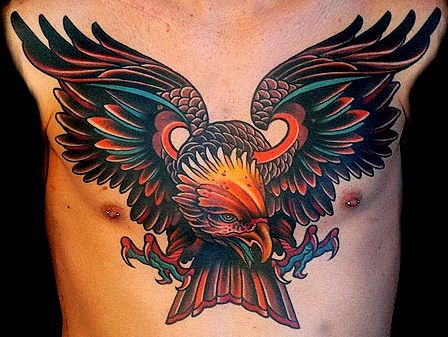 Colored Flying Eagle Tattoo On Chest by Lars Uwe
