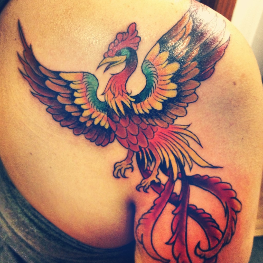 Colored Flying Phoenix Tattoo On Shoulder For Girls