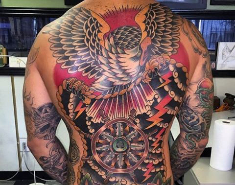 Colored Traditional Eagle Tattoo On Full Back