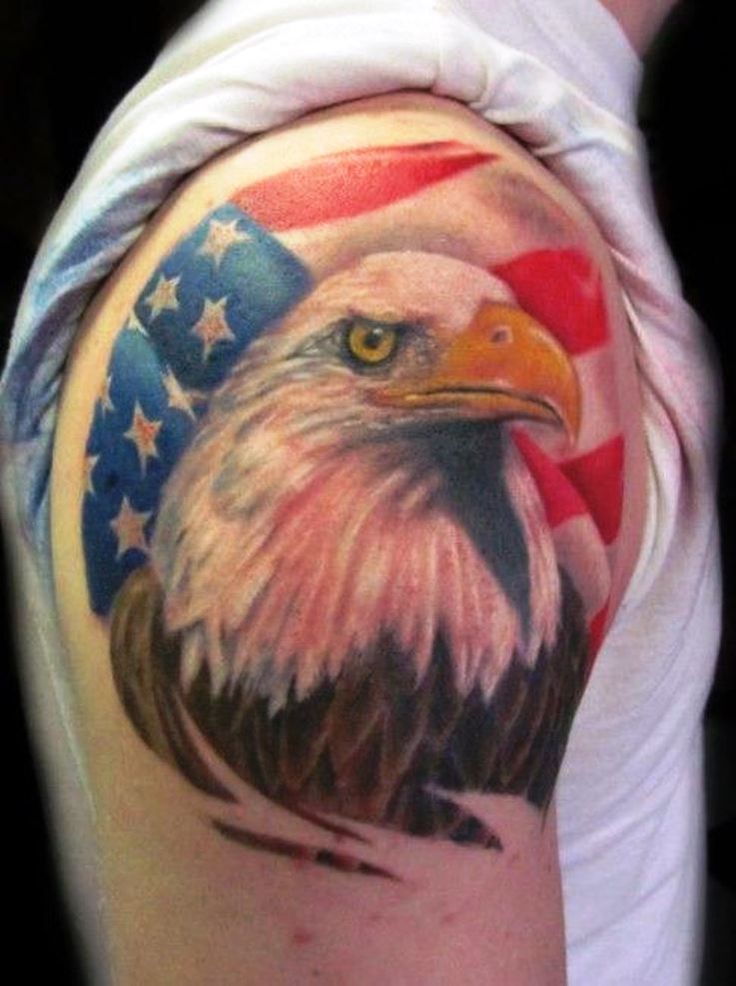 Colored U.S Flag And Eagle Head Tattoo On Right Shoulder
