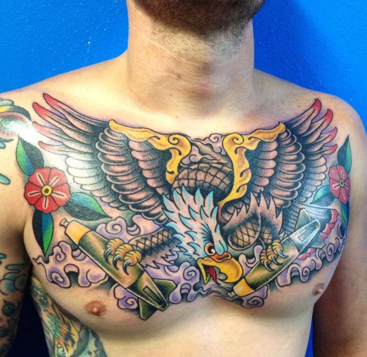 Colorful Army Eagle Tattooed On Man Chest