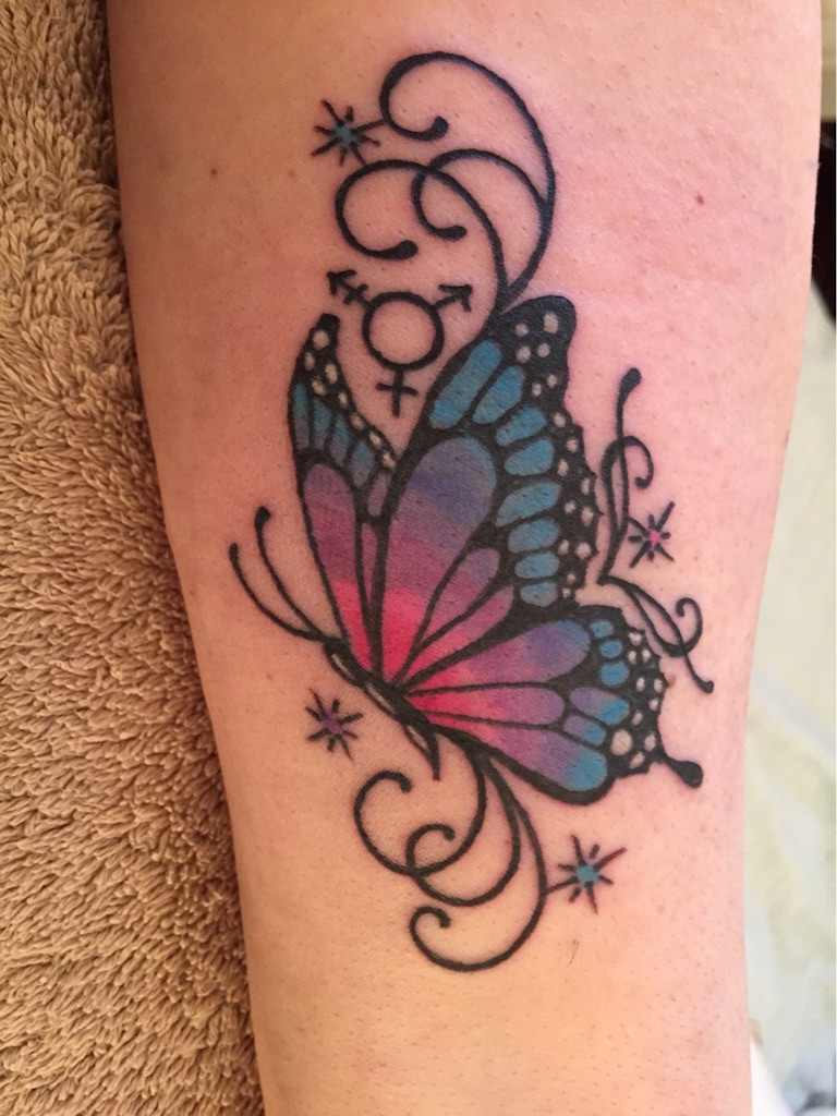 Colorful Butterfly Tattoo On Side Leg