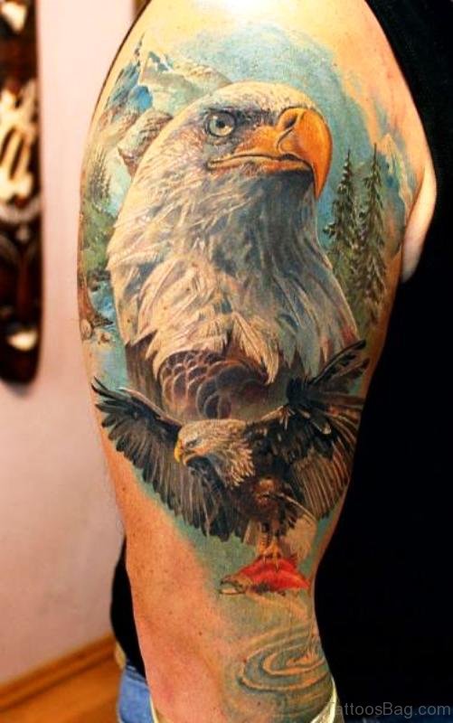 Colorful Flying Eagle Shoulder Tattoos