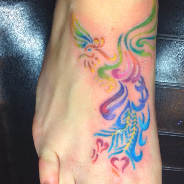 Colorful Flying Phoenix Tattoo On Right Foot