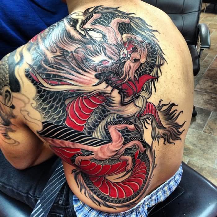 Colorful Japanese Dragon Tattoo On Left Back Shoulder