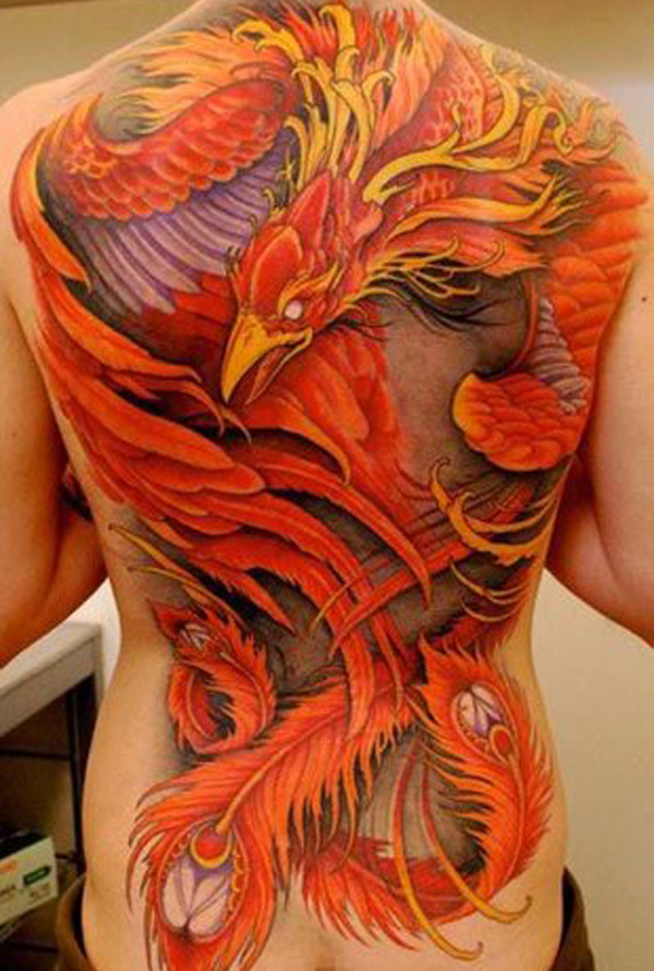 Colorful Phoenix Tattoo On Full Back Body