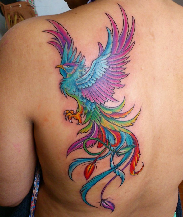 Colorful Phoenix Tattoo On Left Back Shoulder