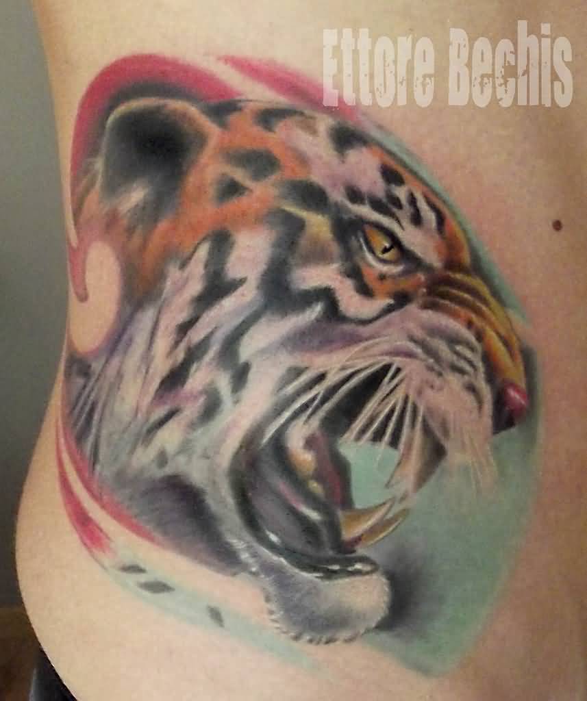 Colorful Riger Head Tattoo On Rib Side by Ettore Bechis