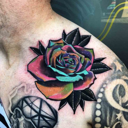 Colorful Rose Tattoo On Front Shoulder