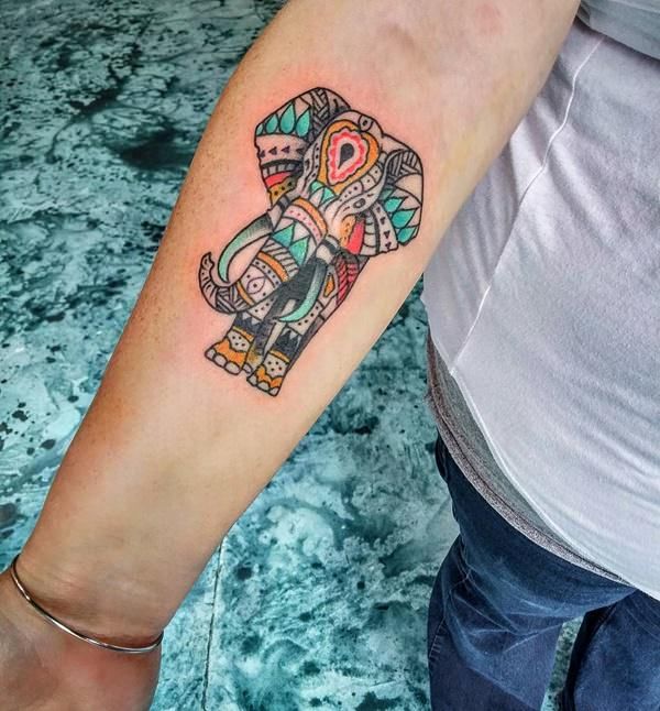 Colorful Spiritual Elephant Tattoo On Forearm