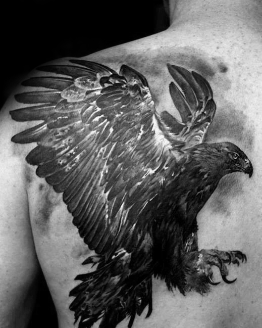 Cool Black Flying Eagle Tattoo On Back Shoulder