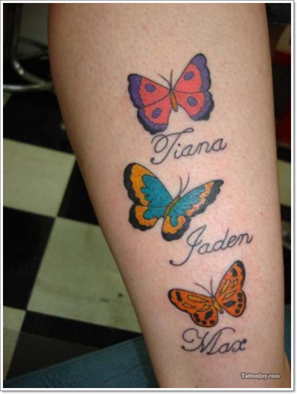 Cool Colorful Butterflies With Names Tattoo On Leg