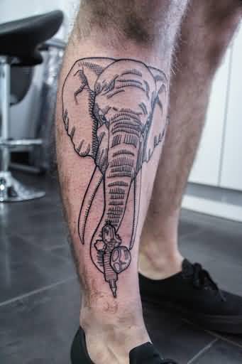 Cool Grey Elephant Head Tattoo On Right Leg