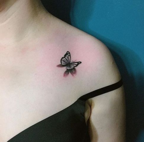 Cute 3D Butterfly Tattoo On Front Shoulder by Chaehwa