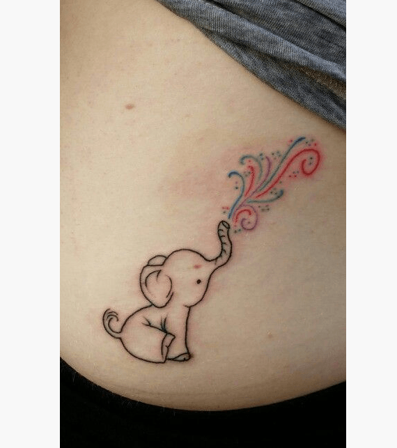Cute Baby Elephant Throwing Water From Trunk Tattoo On Waist
